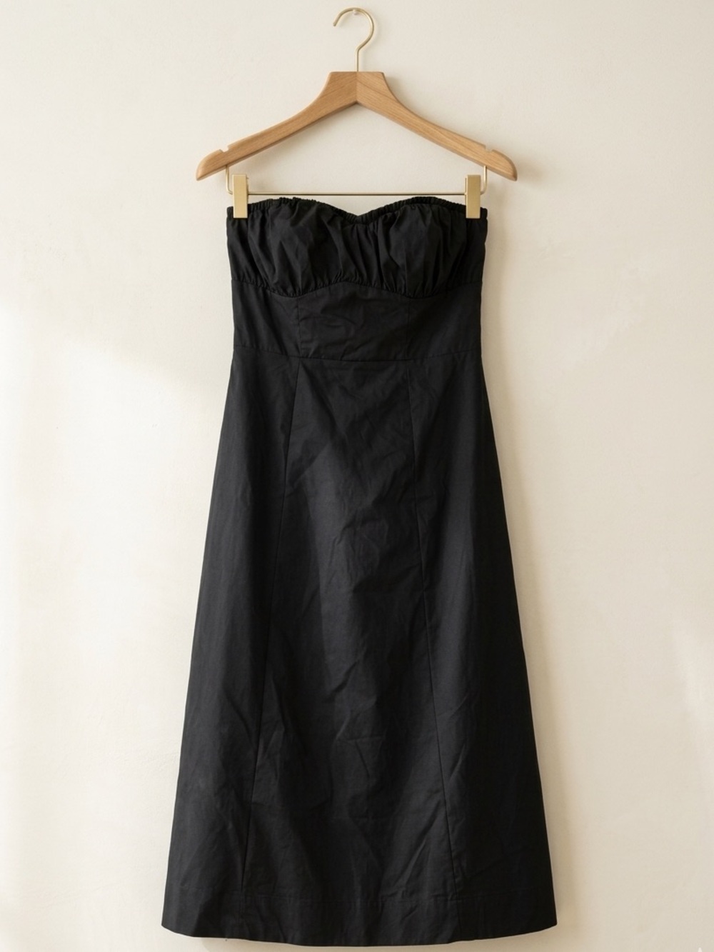⁠Black Strapless Bustier Midi Dress M / L Smocked Ruched Poplin Goth Grunge⁠